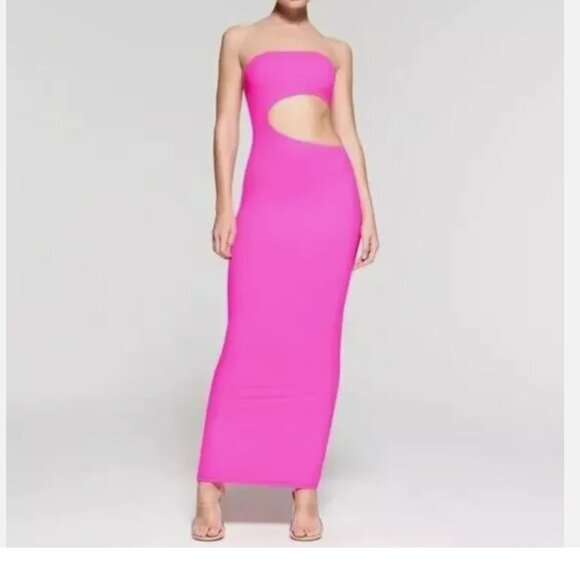 NWT SKIMS FITS EVERYBODY CUTOUT LONG DRESS IN LIMITED EDITION NEON PINK 4X - Picture 2 of 11